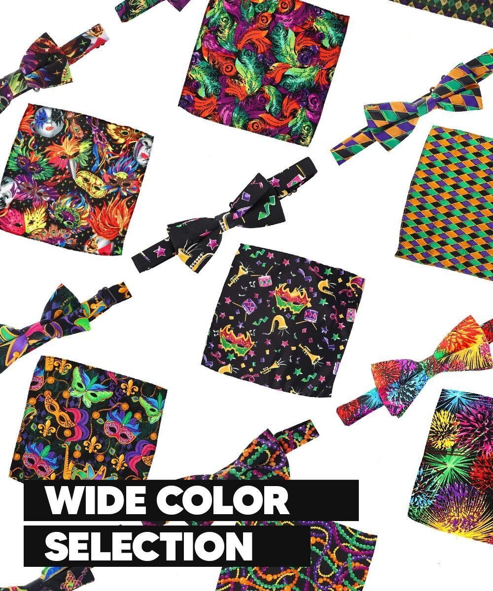 Vittorio Farina Men's Mardi Gras Satin Bow Tie & Pocket Square in Gift Box - Mardi Original: Vibrant Party Mask - Bow Tie & Pocket Square - Vittorio Farina