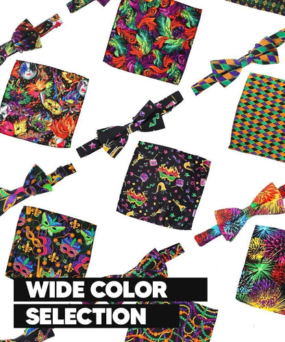 Vittorio Farina Men's Mardi Gras Satin Bow Tie & Pocket Square in Gift Box - Mardi Original: Vibrant Party Mask - Bow Tie & Pocket Square - Vittorio Farina