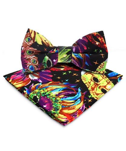 Vittorio Farina Men's Mardi Gras Satin Bow Tie & Pocket Square in Gift Box - Mardi Original: Vibrant Party Mask - Bow Tie & Pocket Square - Vittorio Farina