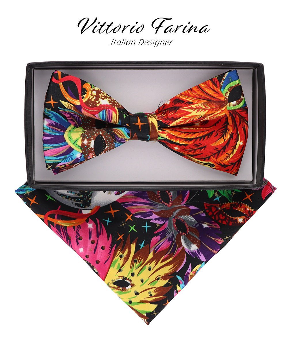 Vittorio Farina Men's Mardi Gras Satin Bow Tie & Pocket Square in Gift Box - Mardi Original: Vibrant Party Mask - Bow Tie & Pocket Square - Vittorio Farina