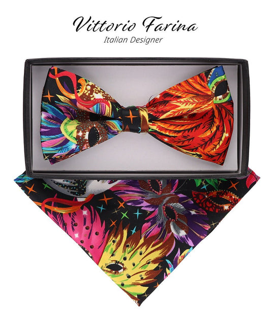 Vittorio Farina Men's Mardi Gras Satin Bow Tie & Pocket Square in Gift Box - Mardi Original: Vibrant Party Mask - Bow Tie & Pocket Square - Vittorio Farina