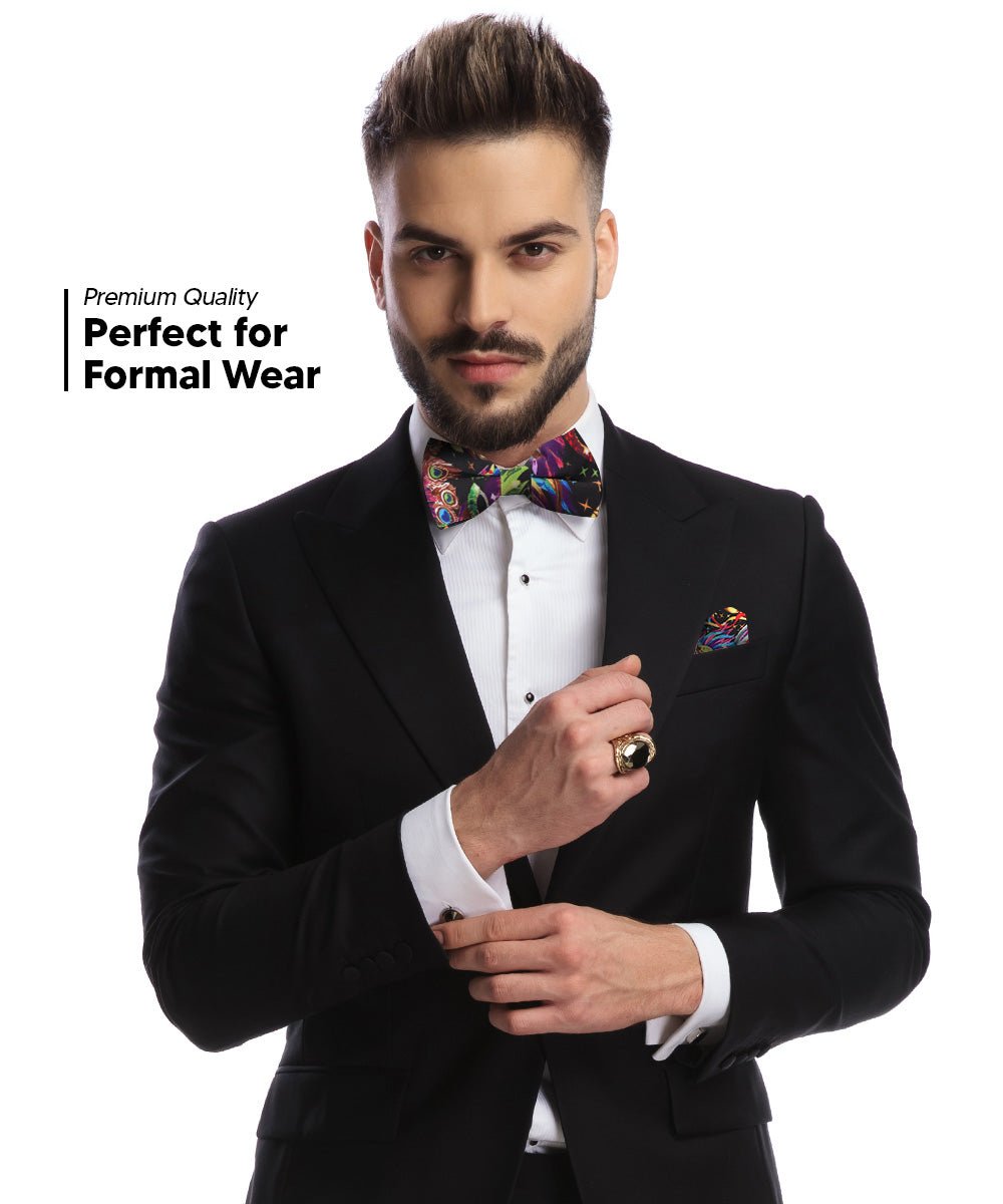 Vittorio Farina Men's Mardi Gras Satin Bow Tie & Pocket Square in Gift Box - Mardi Original: Vibrant Party Mask - Bow Tie & Pocket Square - Vittorio Farina