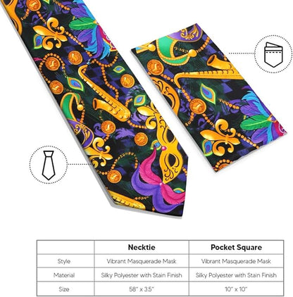 Vittorio Farina Men's Mardi Gras Satin Necktie and Pocket Square - Mardi Original: Vibrant Party Mask - Necktie & Pocket Square - Vittorio Farina