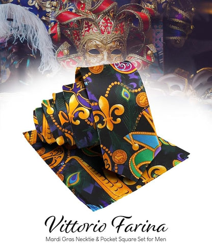 Vittorio Farina Men's Mardi Gras Satin Necktie and Pocket Square - Mardi Original: Vibrant Party Mask - Necktie & Pocket Square - Vittorio Farina