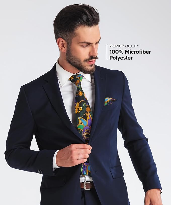 Vittorio Farina Men's Mardi Gras Satin Necktie and Pocket Square - Mardi 1: Vibrant Masquerade Mask - Necktie & Pocket Square - Vittorio Farina