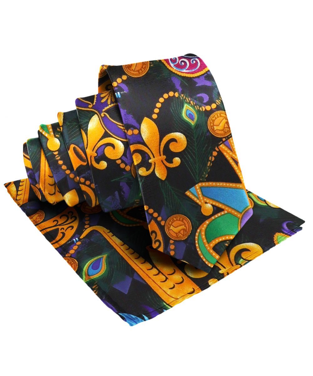 Vittorio Farina Men's Mardi Gras Satin Necktie and Pocket Square - Mardi 1: Vibrant Masquerade Mask - Necktie & Pocket Square - Vittorio Farina