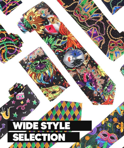 Vittorio Farina Men's Mardi Gras Satin Necktie and Pocket Square - Mardi Original: Vibrant Party Mask - Necktie & Pocket Square - Vittorio Farina