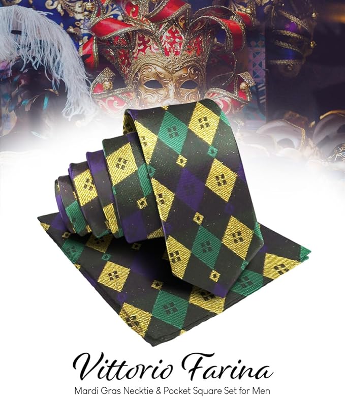 Vittorio Farina Men's Mardi Gras Satin Necktie and Pocket Square - Mardi Original: Vibrant Party Mask - Necktie & Pocket Square - Vittorio Farina