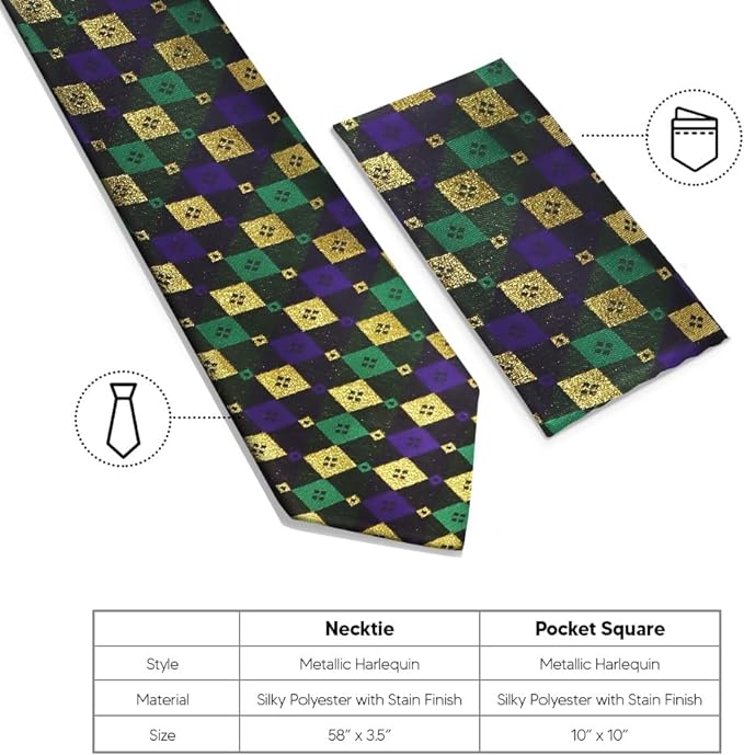 Vittorio Farina Men's Mardi Gras Satin Necktie and Pocket Square - Mardi Original: Vibrant Party Mask - Necktie & Pocket Square - Vittorio Farina