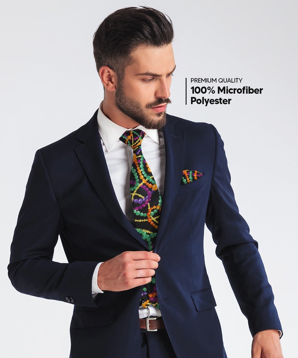 Vittorio Farina Men's Mardi Gras Satin Necktie and Pocket Square - Mardi 4: Vibrant Colorful Bead - Necktie & Pocket Square - Vittorio Farina
