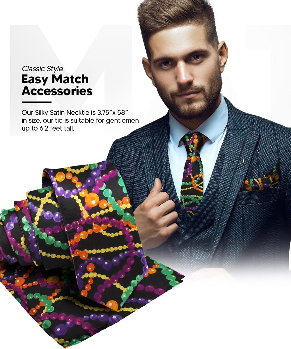 Vittorio Farina Men's Mardi Gras Satin Necktie and Pocket Square - Mardi 4: Vibrant Colorful Bead - Necktie & Pocket Square - Vittorio Farina