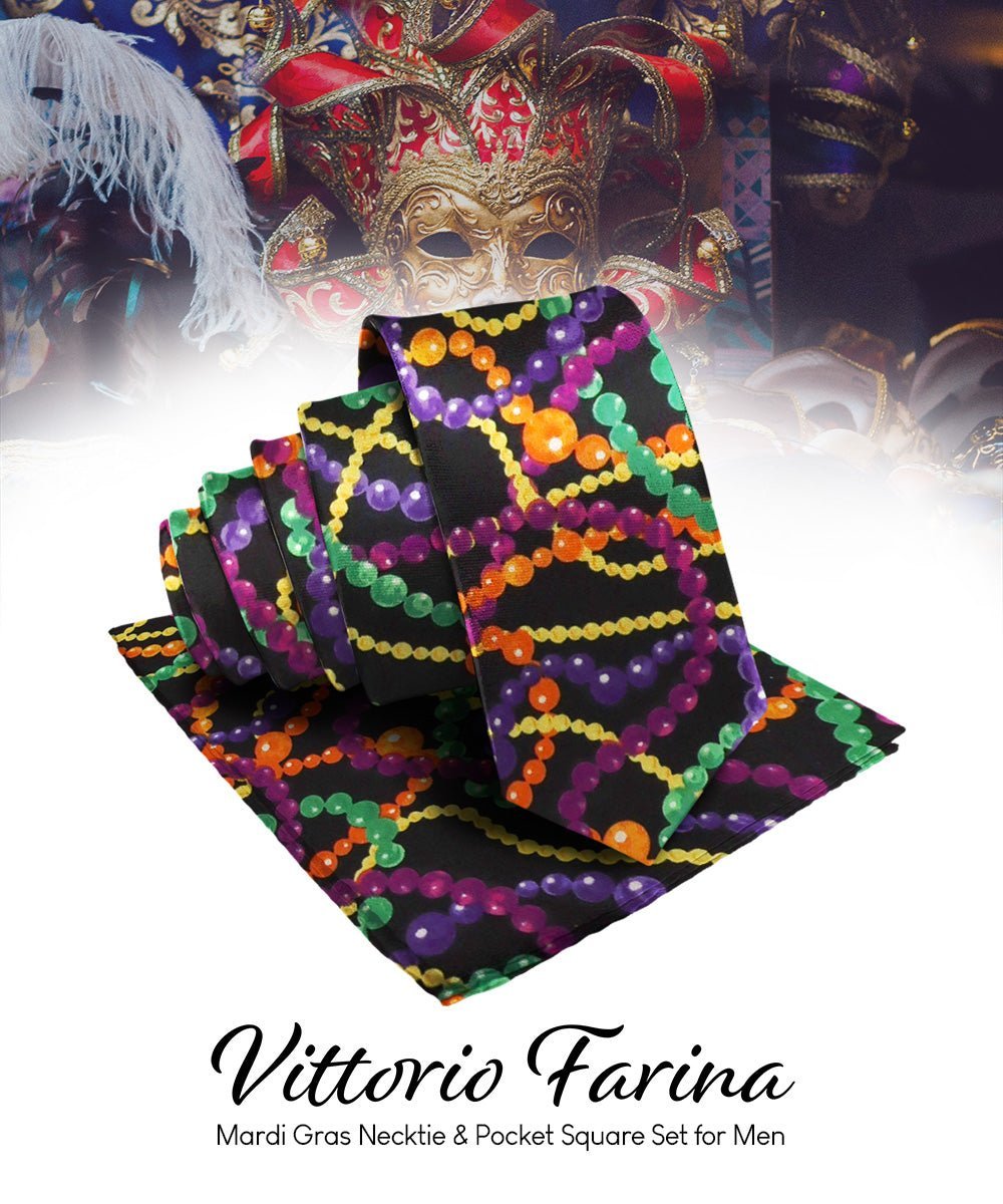 Vittorio Farina Men's Mardi Gras Satin Necktie and Pocket Square - Mardi 4: Vibrant Colorful Bead - Necktie & Pocket Square - Vittorio Farina