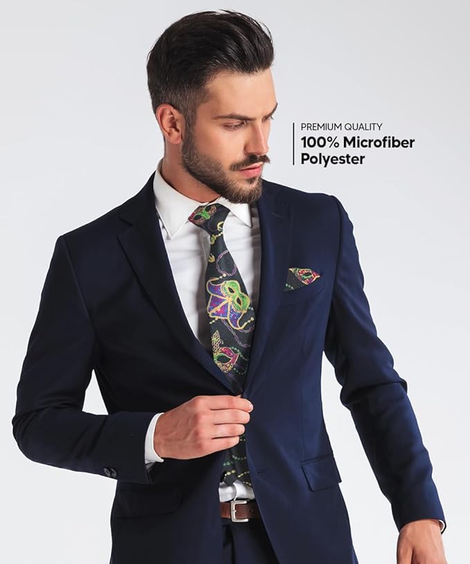 Vittorio Farina Men's Mardi Gras Satin Necktie and Pocket Square - Mardi 5: Colorful Black Mask - Necktie & Pocket Square - Vittorio Farina