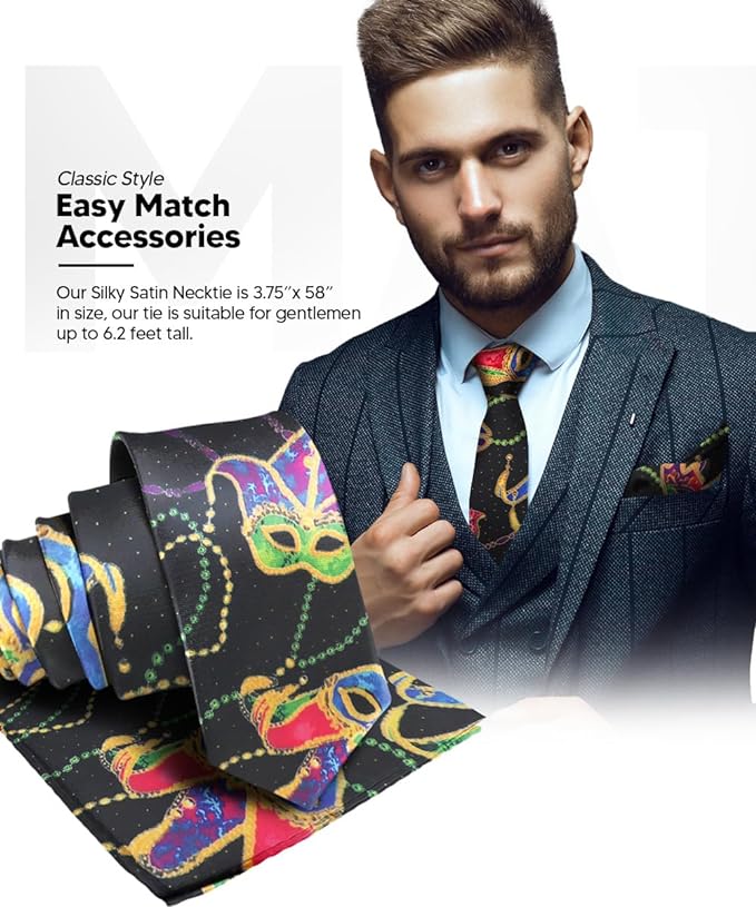 Vittorio Farina Men's Mardi Gras Satin Necktie and Pocket Square - Mardi 5: Colorful Black Mask - Necktie & Pocket Square - Vittorio Farina