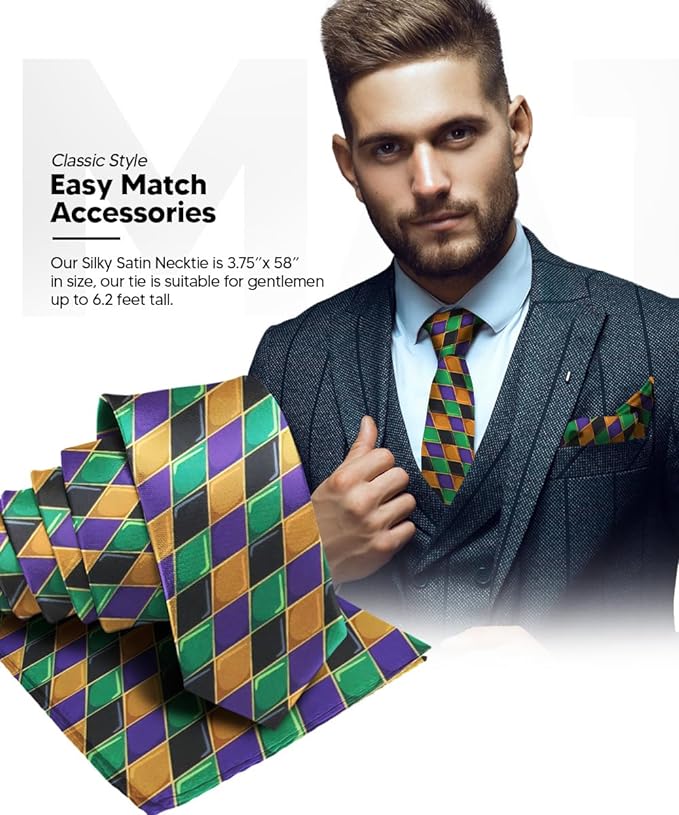 Vittorio Farina Men's Mardi Gras Satin Necktie and Pocket Square - Mardi 2: Metallic Harlequin - Necktie & Pocket Square - Vittorio Farina