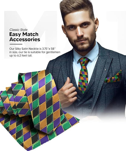 Vittorio Farina Men's Mardi Gras Satin Necktie and Pocket Square - Mardi 2: Metallic Harlequin - Necktie & Pocket Square - Vittorio Farina