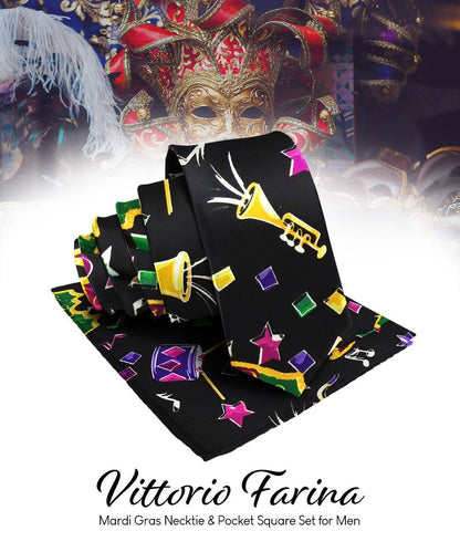 Vittorio Farina Men's Mardi Gras Satin Necktie and Pocket Square - Mardi 8: Vibrant Colorful Celebration - Necktie & Pocket Square - Vittorio Farina