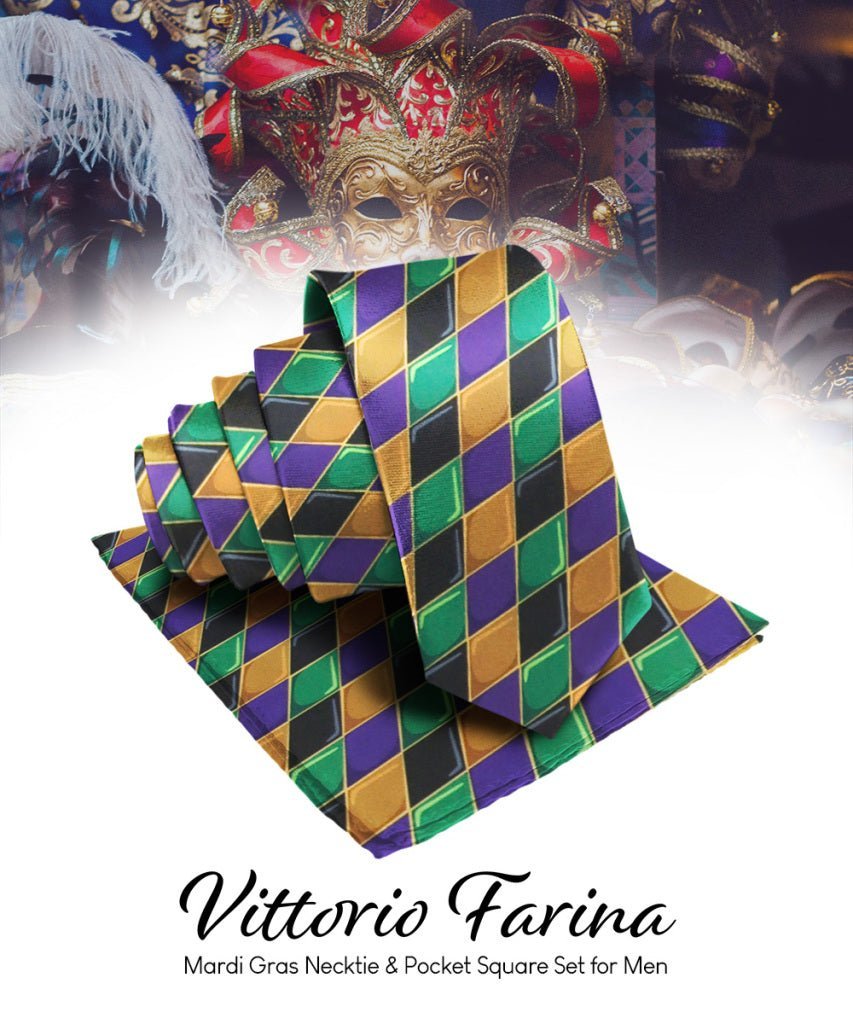 Vittorio Farina Men's Mardi Gras Satin Necktie and Pocket Square - Mardi 8: Vibrant Colorful Celebration - Necktie & Pocket Square - Vittorio Farina