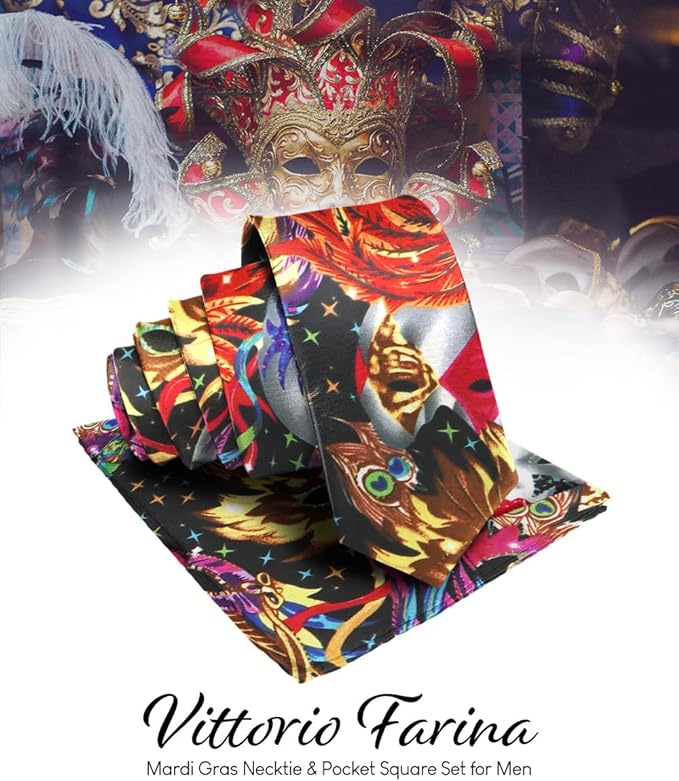 Vittorio Farina Men's Mardi Gras Satin Necktie and Pocket Square - Mardi Original: Vibrant Party Mask - Necktie & Pocket Square - Vittorio Farina