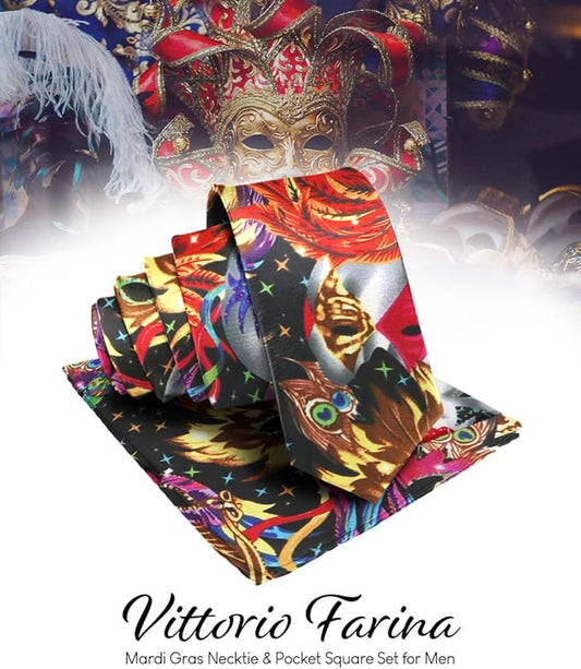 Vittorio Farina Men's Mardi Gras Satin Necktie and Pocket Square - Mardi Original: Vibrant Party Mask - Necktie & Pocket Square - Vittorio Farina