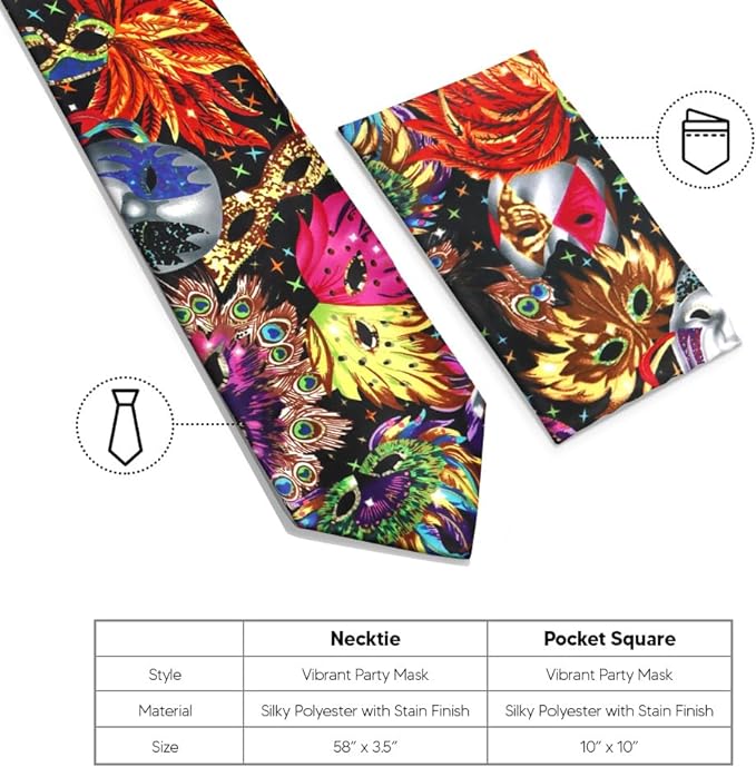 Vittorio Farina Men's Mardi Gras Satin Necktie and Pocket Square - Mardi Original: Vibrant Party Mask - Necktie & Pocket Square - Vittorio Farina