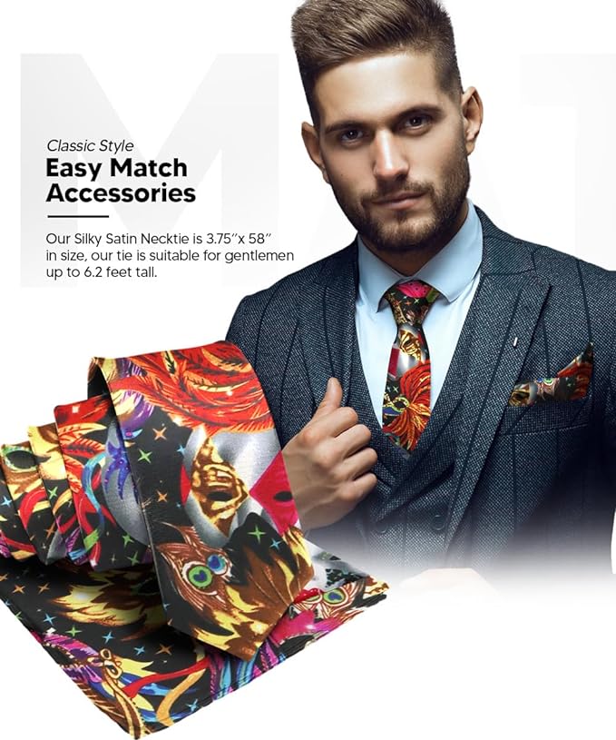 Vittorio Farina Men's Mardi Gras Satin Necktie and Pocket Square - Mardi Original: Vibrant Party Mask - Necktie & Pocket Square - Vittorio Farina
