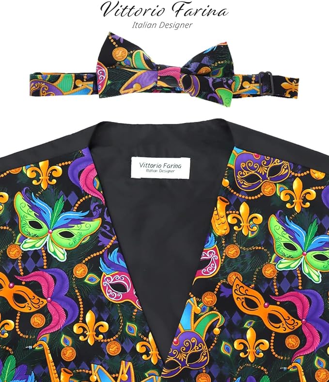 Vittorio Farina Men's Mardi Gras Satin Vest and Bow Tie Set - Mardi Original: Vibrant Party Mask - Vest Set - Vittorio Farina