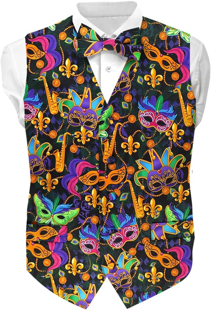 Vittorio Farina Men's Mardi Gras Satin Vest and Bow Tie Set - Mardi 1: Vibrant Masquerade Mask - Vest Set - Vittorio Farina