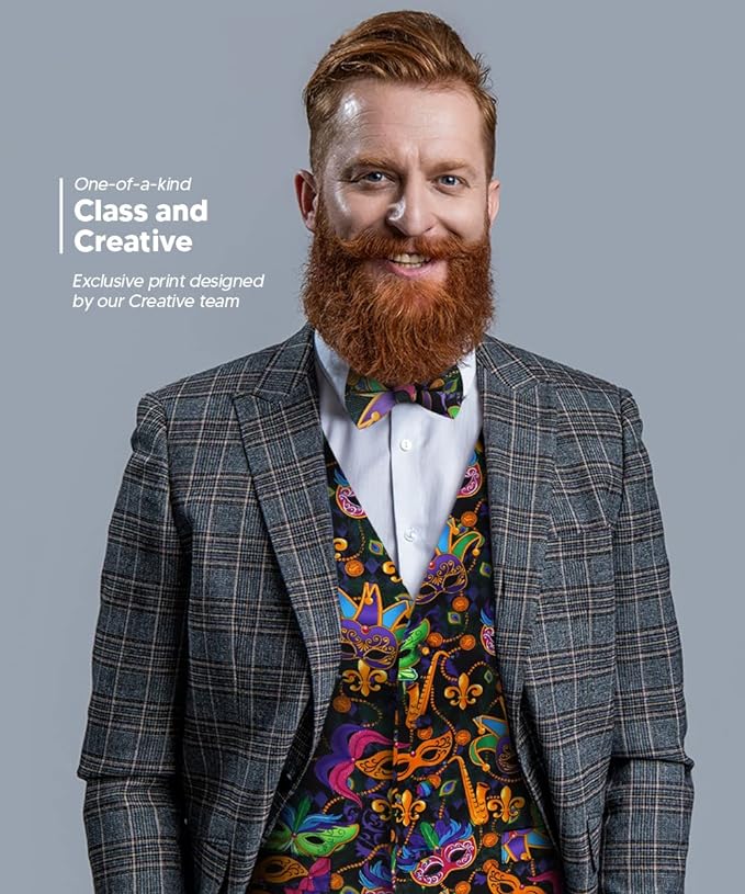 Vittorio Farina Men's Mardi Gras Satin Vest and Bow Tie Set - Mardi Original: Vibrant Party Mask - Vest Set - Vittorio Farina
