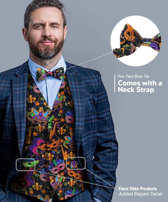 Vittorio Farina Men's Mardi Gras Satin Vest and Bow Tie Set - Mardi 1: Vibrant Masquerade Mask - Vest Set - Vittorio Farina