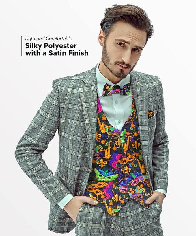 Vittorio Farina Men's Mardi Gras Satin Vest and Bow Tie Set - Mardi 1: Vibrant Masquerade Mask - Vest Set - Vittorio Farina