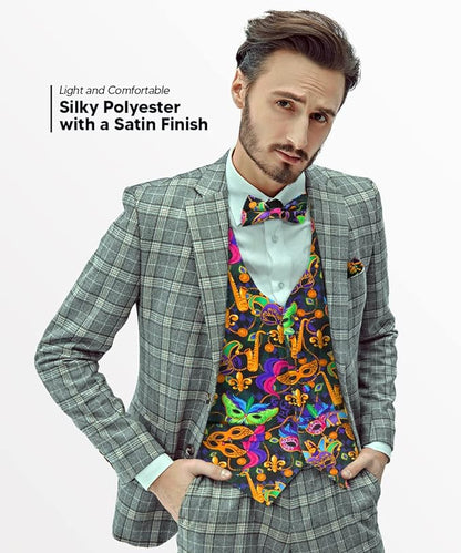 Vittorio Farina Men's Mardi Gras Satin Vest and Bow Tie Set - Mardi 1: Vibrant Masquerade Mask - Vest Set - Vittorio Farina