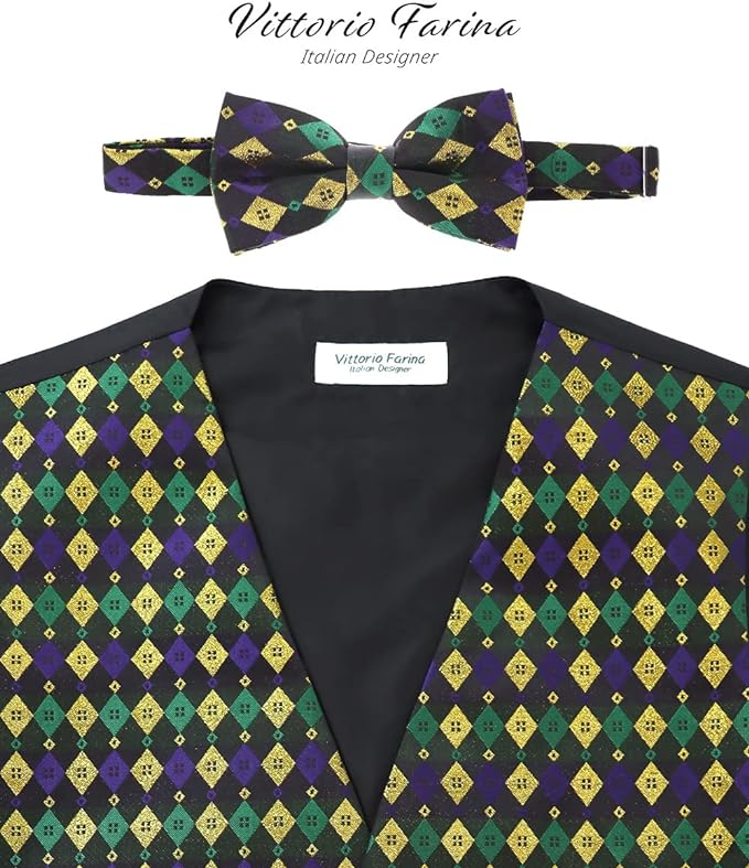 Vittorio Farina Men's Mardi Gras Satin Vest and Bow Tie Set - Mardi 1: Vibrant Masquerade Mask - Vest Set - Vittorio Farina