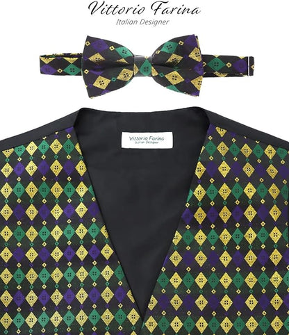Vittorio Farina Men's Mardi Gras Satin Vest and Bow Tie Set - Mardi 1: Vibrant Masquerade Mask - Vest Set - Vittorio Farina