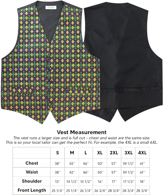 Vittorio Farina Men's Mardi Gras Satin Vest and Bow Tie Set - Mardi 1: Vibrant Masquerade Mask - Vest Set - Vittorio Farina