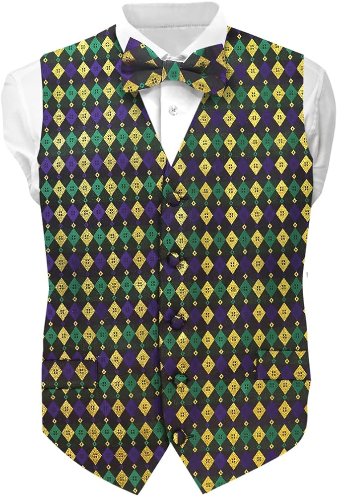 Vittorio Farina Men's Mardi Gras Satin Vest and Bow Tie Set - Mardi 2: Metallic Harlequin - Vest Set - Vittorio Farina