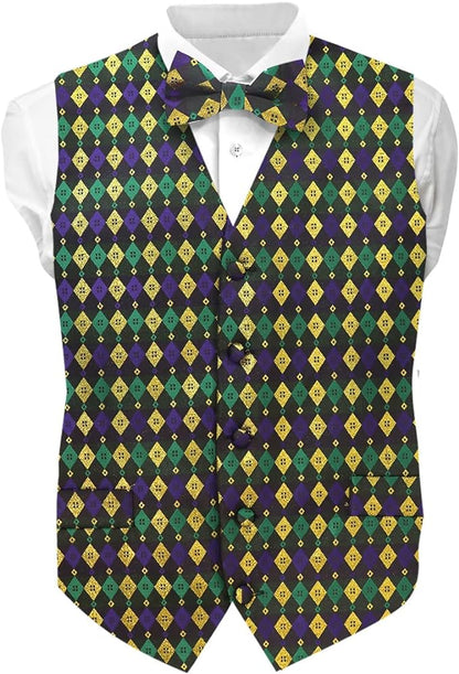 Vittorio Farina Men's Mardi Gras Satin Vest and Bow Tie Set - Mardi 2: Metallic Harlequin - Vest Set - Vittorio Farina