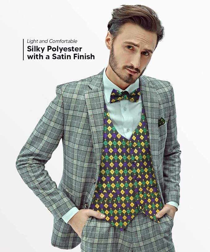Vittorio Farina Men's Mardi Gras Satin Vest and Bow Tie Set - Mardi 1: Vibrant Masquerade Mask - Vest Set - Vittorio Farina