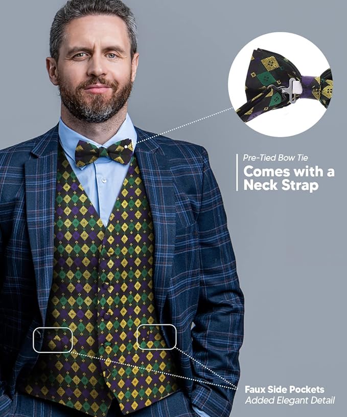 Vittorio Farina Men's Mardi Gras Satin Vest and Bow Tie Set - Mardi 1: Vibrant Masquerade Mask - Vest Set - Vittorio Farina