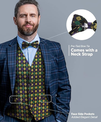 Vittorio Farina Men's Mardi Gras Satin Vest and Bow Tie Set - Mardi 1: Vibrant Masquerade Mask - Vest Set - Vittorio Farina