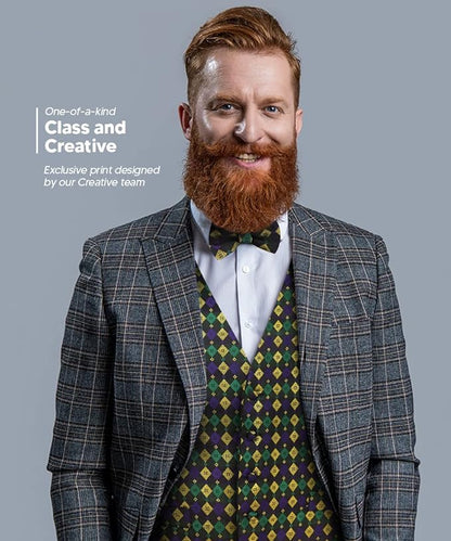 Vittorio Farina Men's Mardi Gras Satin Vest and Bow Tie Set - Mardi 2: Metallic Harlequin - Vest Set - Vittorio Farina