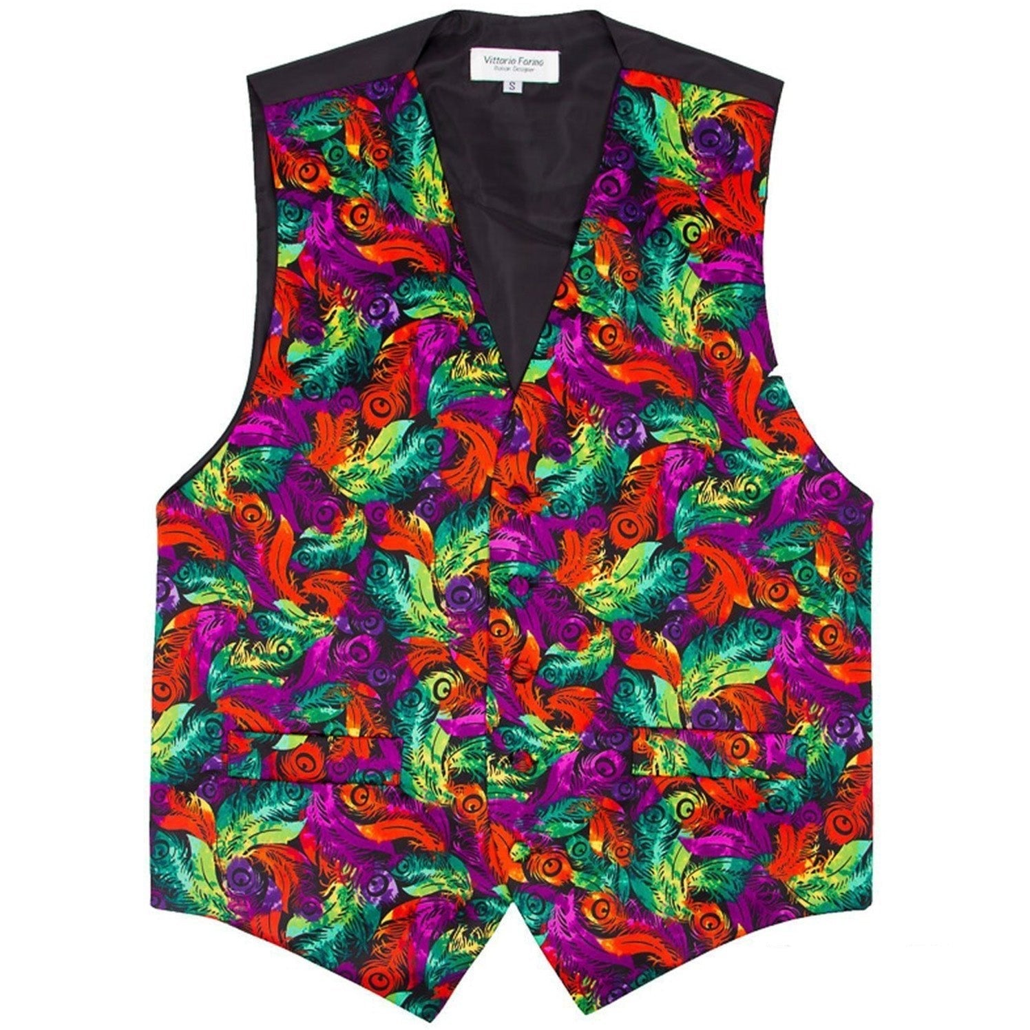 Vittorio Farina Men's Mardi Gras Satin Vest and Bow Tie Set - Mardi 3: Vibrant Feather - Vest Set - Vittorio Farina