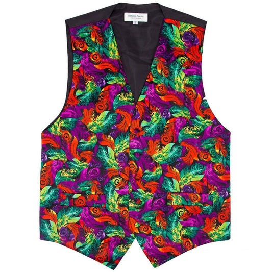 Vittorio Farina Men's Mardi Gras Satin Vest and Bow Tie Set - Mardi 3: Vibrant Feather - Vest Set - Vittorio Farina