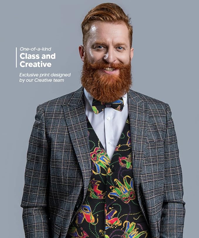 Vittorio Farina Men's Mardi Gras Satin Vest and Bow Tie Set - Mardi 1: Vibrant Masquerade Mask - Vest Set - Vittorio Farina