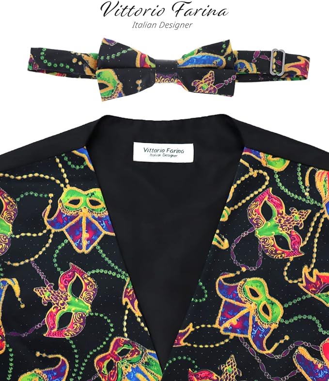 Vittorio Farina Men's Mardi Gras Satin Vest and Bow Tie Set - Mardi 1: Vibrant Masquerade Mask - Vest Set - Vittorio Farina