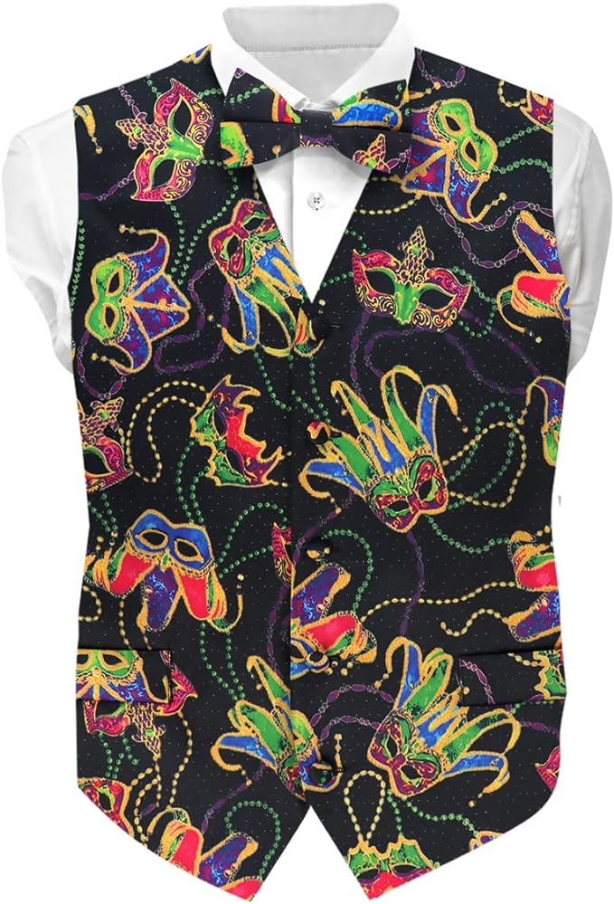 Vittorio Farina Men's Mardi Gras Satin Vest and Bow Tie Set - Mardi 5: Colorful Black Mask - Vest Set - Vittorio Farina