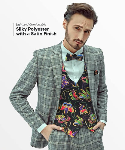 Vittorio Farina Men's Mardi Gras Satin Vest and Bow Tie Set - Mardi 1: Vibrant Masquerade Mask - Vest Set - Vittorio Farina