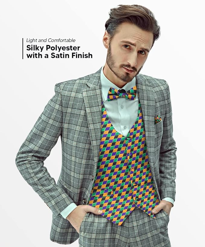 Vittorio Farina Men's Mardi Gras Satin Vest and Bow Tie Set - Mardi 6: Harlequin - Vest Set - Vittorio Farina