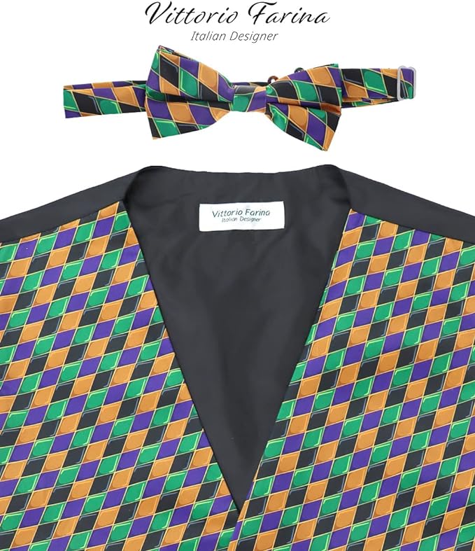 Vittorio Farina Men's Mardi Gras Satin Vest and Bow Tie Set - Mardi 6: Harlequin - Vest Set - Vittorio Farina