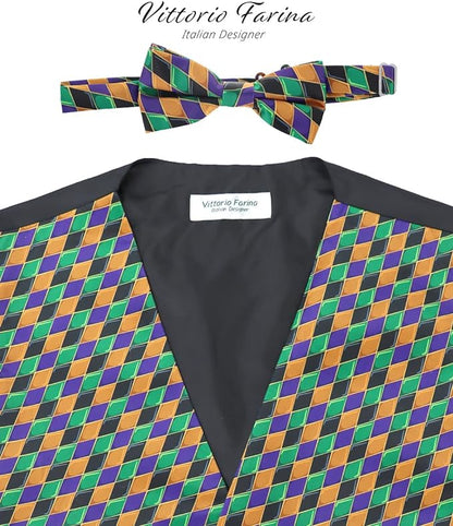 Vittorio Farina Men's Mardi Gras Satin Vest and Bow Tie Set - Mardi 6: Harlequin - Vest Set - Vittorio Farina